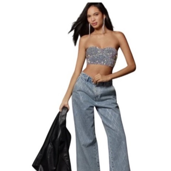 Anthropologie The Eve Sequin Bralette Bandeau Grey Sequin Strapless Top Size M - Picture 1 of 4
